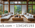 A serene Japanese minimalist interior featuring natural wood, clean lines, soft daylight, and a calm zen-inspired atmosphere. A serene Japanese minimalist interior featuring natural wood, clean lines, soft daylight, and a calm zen-inspired atmosphere. 134145193