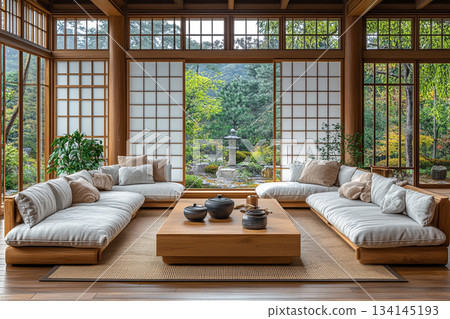 A serene Japanese minimalist interior featuring natural wood, clean lines, soft daylight, and a calm zen-inspired atmosphere. A serene Japanese minimalist interior featuring natural wood, clean lines, soft daylight, and a calm zen-inspired atmosphere. 134145193
