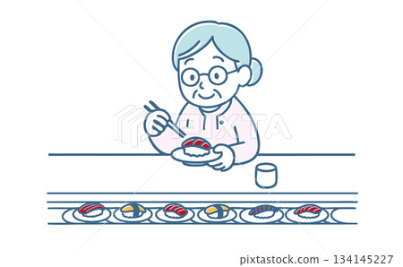 Grandma eating conveyor belt sushi Grandma eating conveyor belt sushi 134145227