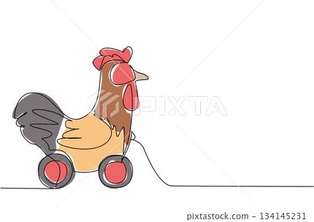 Colorful rooster wooden wheeled toy illustrated in continuous line drawing style, capturing playful charm and simplicity. Animal concept emphasizes fun, childhood, and minimalism. Colorful rooster wooden wheeled toy illustrated in continuous line drawing style, capturing playful charm and simplicity. Animal concept emphasizes fun, childhood, and minimalism. 134145231