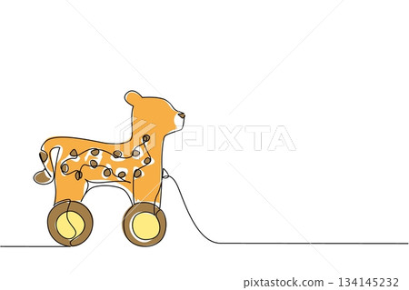 Continuous line drawing of a cheetah wooden toy on wheels, marked with playful spots. The minimalist design emphasizes speed and energy while reflecting the nature concept of wildlife. 134145232