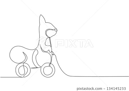 Charming squirrel wooden wheeled toy drawn in single line drawing, showcasing playful woodland animal character, minimalist design concept, and decorative artwork suitable for kids and art lovers. 134145233