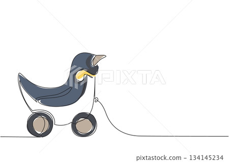 Charming penguin wooden wheeled toy illustrated in continuous line drawing style, showcasing a playful bird design. Animal concept combines simplicity, fun, and creative childhood spirit. 134145234