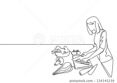Continuous line drawing of a woman preparing fresh vegetables on a table, symbolizing National Meal Prep Day with a health concept and organized cooking lifestyle. 134145239