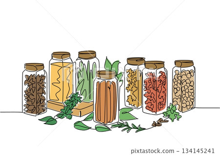 Single line drawing of assorted spice jars filled with herbs and seasonings like cinnamon, pepper, and parsley, showing business concept and culinary culture for National Herbs and Spices Day. Single line drawing of assorted spice jars filled with herbs and seasonings like cinnamon, pepper, and parsley, showing business concept and culinary culture for National Herbs and Spices Day. 134145241