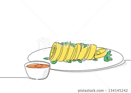 Single line drawing featuring a plate of rolled eggs decorated with fresh herbs and served with dipping sauce, designed for National Egg Roll Day in food concept and international culinary theme. 134145242