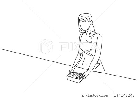 Single line drawing portrays a woman holding a meal prep box filled with vegetables, representing National Meal Prep Day with a health concept that promotes balance, planning, and nutrition. 134145243
