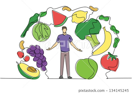 Single line drawing of a man standing surrounded by fruits and vegetables, representing nutrition balance. Man health concept for Eat Flexitarian Day theme. Single line drawing of a man standing surrounded by fruits and vegetables, representing nutrition balance. Man health concept for Eat Flexitarian Day theme. 134145245