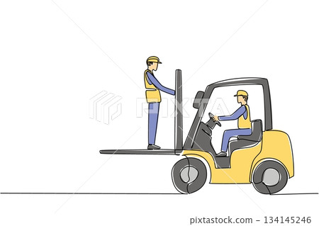 Single line drawing of two male workers with a forklift where one stands on the forks, representing dangerous workplace actions for National Forklift Safety Day in an industry concept. Single line drawing of two male workers with a forklift where one stands on the forks, representing dangerous workplace actions for National Forklift Safety Day in an industry concept. 134145246