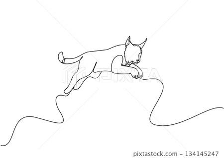 Continuous line drawing of a lynx jump leaping forward, composed in a single elegant stroke to emphasize agility and strength for International Lynx Day, illustrating animal movement, nature concept Continuous line drawing of a lynx jump leaping forward, composed in a single elegant stroke to emphasize agility and strength for International Lynx Day, illustrating animal movement, nature concept 134145247