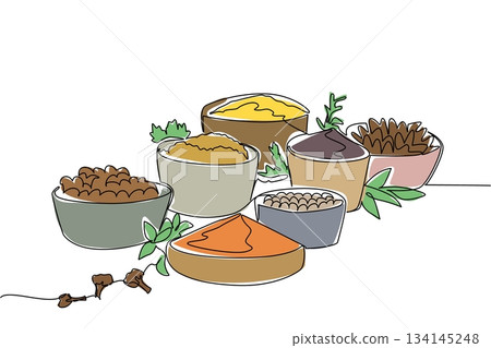 Continuous line drawing of colorful bowls filled with assorted herbs and spices, symbolizing health and nutrition concept for the annual celebration of National Herbs and Spices Day worldwide. Continuous line drawing of colorful bowls filled with assorted herbs and spices, symbolizing health and nutrition concept for the annual celebration of National Herbs and Spices Day worldwide. 134145248