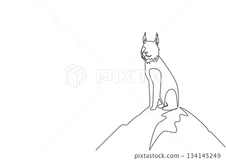 One line drawing of a Eurasian lynx, depicted sitting majestically on a mountain to symbolize wildlife and habitat conservation for International Lynx Day, representing animal and nature concepts One line drawing of a Eurasian lynx, depicted sitting majestically on a mountain to symbolize wildlife and habitat conservation for International Lynx Day, representing animal and nature concepts 134145249