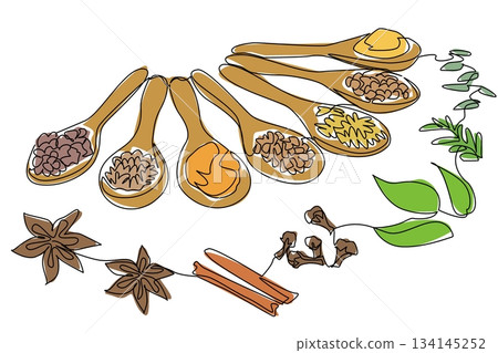 Single line drawing of wooden spoons filled with herbs and spices like rosemary, parsley, and pepper, symbolizing health concept in the theme of National Herbs and Spices Day event. 134145252