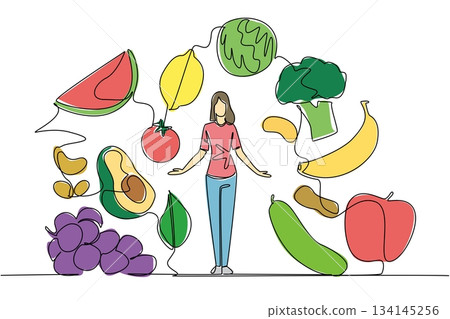 Continuous line drawing of a woman surrounded by fruits and vegetables, symbolizing balance and healthy choices. Woman health concept with Eat Flexitarian Day event. 134145256