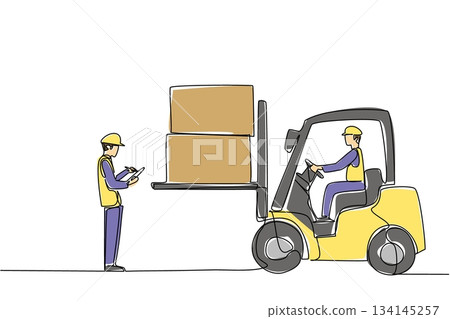 Continuous line drawing vector of a forklift operator and a male worker checking cargo boxes at clipboard, promoting awareness for National Forklift Safety Day with an industry concept. 134145257