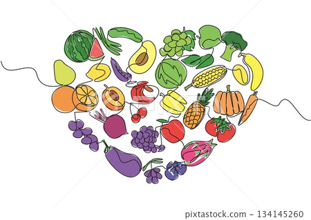 One line drawing showing a colorful heart filled with various fruits and vegetables, highlighting diversity in plant-based diets. Food concept illustration for Eat Flexitarian Day. 134145260