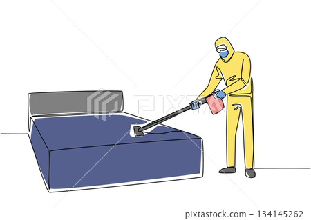 Single line drawing of a professional cleaner with mask and hazmat disinfecting a bed mattress with modern equipment, symbolizing health concept and hygiene for National Bed Bug Prevention Day. 134145262