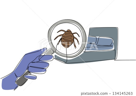 Single line drawing of a magnifying glass focusing on a bed bug near a bed, highlighting pest control awareness and hygiene concept for National Bed Bug Prevention Day. 134145263