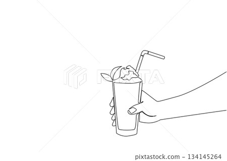 Hand holding a tall glass of iced tea with straw, ice cubes, and lemon garnish, illustrated in continuous line drawing style, celebrating National Iced Tea Day with a refreshing drink concept. Hand holding a tall glass of iced tea with straw, ice cubes, and lemon garnish, illustrated in continuous line drawing style, celebrating National Iced Tea Day with a refreshing drink concept. 134145264