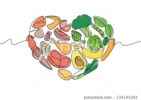 Single line drawing of assorted vegetables, fruits, and proteins shaped into a heart, promoting balance. Food concept artwork with Eat Flexitarian Day international event theme. Single line drawing of assorted vegetables, fruits, and proteins shaped into a heart, promoting balance. Food concept artwork with Eat Flexitarian Day international event theme. 134145265