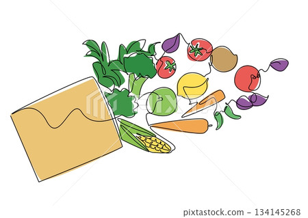 Continuous line drawing of a grocery bag filled with fresh vegetables and fruits, symbolizing healthy lifestyle. Food concept design with Eat Flexitarian Day theme. Continuous line drawing of a grocery bag filled with fresh vegetables and fruits, symbolizing healthy lifestyle. Food concept design with Eat Flexitarian Day theme. 134145268