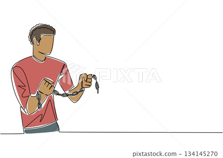 Single line drawing of a man holding broken chains in both hands, symbolizing resistance and victory. A history concept illustration for Abolition Day, honoring freedom and equality. 134145270