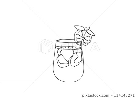 Minimalist continuous line drawing of iced tea with lemon slice and ice cubes, celebrating National Iced Tea Day with a nature concept, symbolizing freshness and summer energy. Minimalist continuous line drawing of iced tea with lemon slice and ice cubes, celebrating National Iced Tea Day with a nature concept, symbolizing freshness and summer energy. 134145271