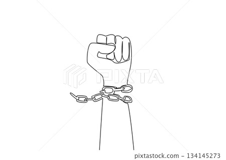 Striking single line drawing of a raised fist breaking chains, symbolizing empowerment and resilience, reflecting the freedom and justice theme of Abolition Day in activism concept. 134145273