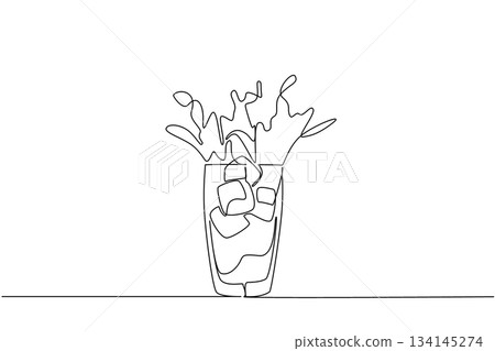 Refreshing glass of splashed ice tea illustrated in continuous line drawing style, celebrating National Iced Tea Day with a health concept, highlighting the cooling drink with ice cubes. Refreshing glass of splashed ice tea illustrated in continuous line drawing style, celebrating National Iced Tea Day with a health concept, highlighting the cooling drink with ice cubes. 134145274