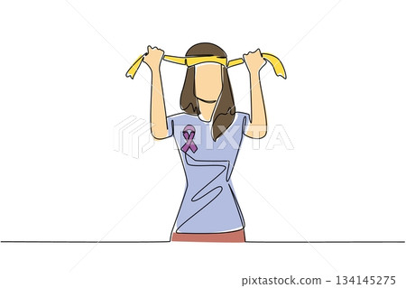Continuous line drawing of a woman wearing a purple cancer ribbon on her shirt, tying a yellow headband in strength, symbolizing courage and hope for National Cancer Thriver Day. Continuous line drawing of a woman wearing a purple cancer ribbon on her shirt, tying a yellow headband in strength, symbolizing courage and hope for National Cancer Thriver Day. 134145275