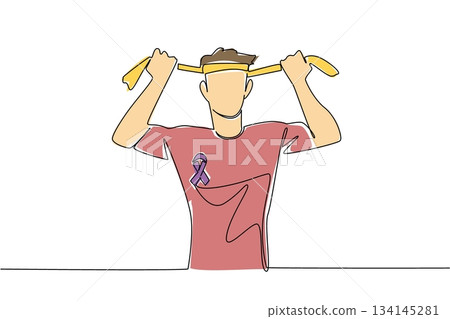 Single line drawing of a strong man tying a yellow headband, wearing a shirt with a purple cancer ribbon, symbolizing courage, resilience, and hope on National Cancer Thriver Day. 134145281