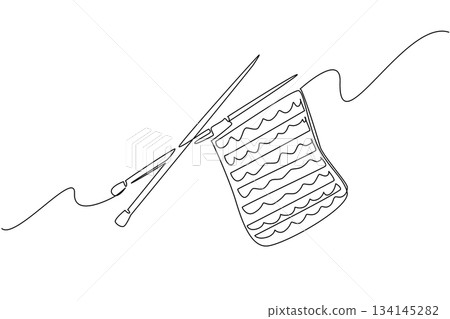 A continuous line drawing of knitting needles with yarn fabric in progress, symbolizing creativity and handmade art. Perfect for celebrating Worldwide Knit in Public Day and promoting craft concept. A continuous line drawing of knitting needles with yarn fabric in progress, symbolizing creativity and handmade art. Perfect for celebrating Worldwide Knit in Public Day and promoting craft concept. 134145282