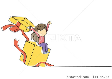 Girl joyfully emerging from a gift box is illustrated in continuous line drawing style, the happiness and innocence of children. Artwork represents a nature concept with the theme of National Kids Day 134145283