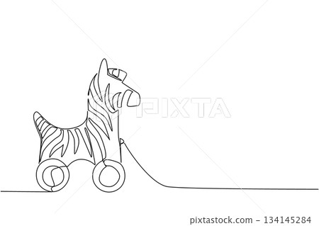 One line drawing depicts a zebra wooden wheeled toy, designed in minimalist art style to reflect playful childhood charm and creativity, ideal for vector illustration and art concept. 134145284