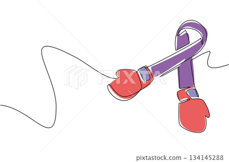 Single line drawing of boxing gloves shaped around a purple awareness ribbon, symbolizing the fight, courage, and hope of National Cancer Thriver Day in a health concept design. 134145288