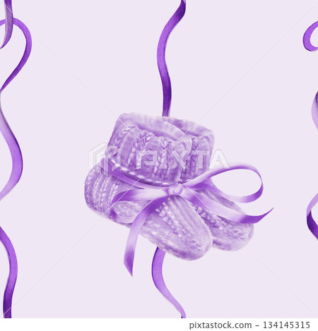 Purple knitted socks with a ribbon in seamless pattern as a symbol of World Prematurity Day.Hand drawn watercolor illustration for awareness campaigns,charity projects,supportive social media content 134145315