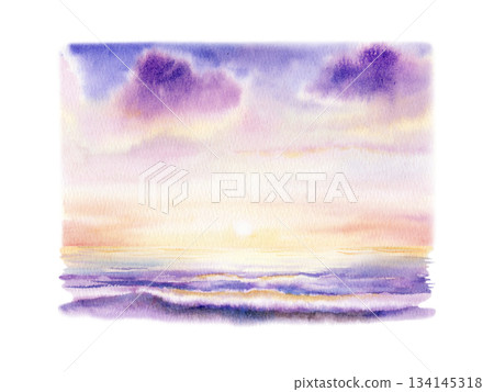 Sunset sky setting sun,powerful ocean wave,orange-lilac gradients and purple,pink clouds on the horizon.Watercolor illustration with fluid washes and dynamic textures for travel branding,wall art Sunset sky setting sun,powerful ocean wave,orange-lilac gradients and purple,pink clouds on the horizon.Watercolor illustration with fluid washes and dynamic textures for travel branding,wall art 134145318