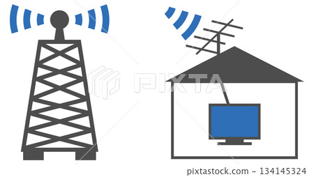 Image of a house receiving television signals from an antenna Image of a house receiving television signals from an antenna 134145324