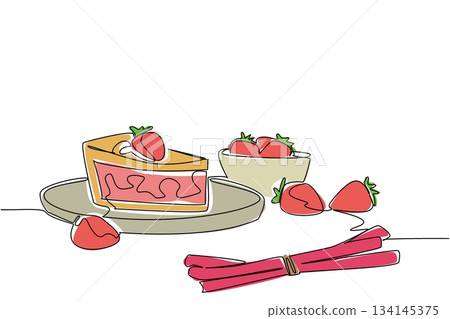 Single line drawing illustrates National Strawberry Rhubarb Pie Day with a pie slice on a plate, surrounded by strawberries and rhubarb, showcasing a festive dessert food concept design. Single line drawing illustrates National Strawberry Rhubarb Pie Day with a pie slice on a plate, surrounded by strawberries and rhubarb, showcasing a festive dessert food concept design. 134145375