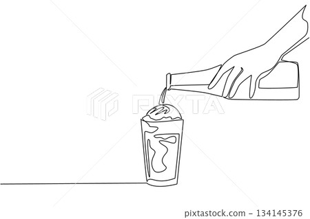 Continuous line drawing of a hand pouring soda into a glass with ice cream, symbolizing a refreshing black cow float. This artwork captures a beverage concept for National Black Cow Day. Continuous line drawing of a hand pouring soda into a glass with ice cream, symbolizing a refreshing black cow float. This artwork captures a beverage concept for National Black Cow Day. 134145376
