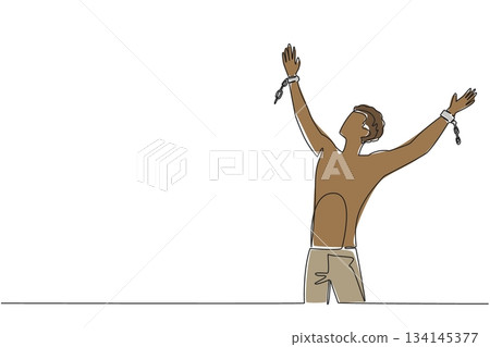 One line drawing depicts a man lifting his arms with broken chains, expressing joy and freedom. A history concept illustration for Abolition Day, honoring liberation and human rights. 134145377