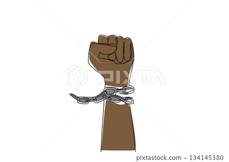 Single line drawing of a raised fist breaking chains, symbolizing strength and resistance. This freedom concept design highlights Abolition Day, celebrating resilience and human dignity. 134145380