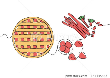 Single line drawing represents National Strawberry Rhubarb Pie Day, showing a top view of a baked pie with strawberries and rhubarb, symbolizing a dessert food concept for celebration. 134145384