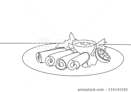 Continuous line drawing of delicious egg rolls served with sauce on a plate, highlighting food concept and international event theme for National Egg Roll Day celebration. Continuous line drawing of delicious egg rolls served with sauce on a plate, highlighting food concept and international event theme for National Egg Roll Day celebration. 134145385