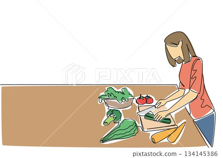 Continuous line drawing of a woman chopping vegetables at a kitchen table, symbolizing National Meal Prep Day with a health concept that promotes nutrition, balance, and clean eating. Continuous line drawing of a woman chopping vegetables at a kitchen table, symbolizing National Meal Prep Day with a health concept that promotes nutrition, balance, and clean eating. 134145386