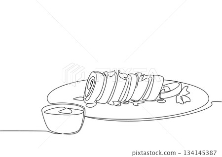 Single line drawing of rolled egg snacks with lemon and greens on a plate, illustrating food concept and international event theme for National Egg Roll Day celebration. 134145387