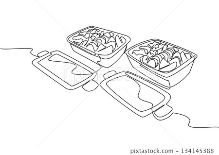 Single line drawing of open meal prep containers filled with vegetables on a table, symbolizing National Meal Prep Day with a health concept that promotes clean eating and order. Single line drawing of open meal prep containers filled with vegetables on a table, symbolizing National Meal Prep Day with a health concept that promotes clean eating and order. 134145388