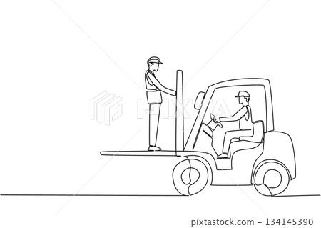 One line drawing vector illustration highlighting unsafe forklift practice for National Forklift Safety Day, featuring a worker dangerously riding the forks with operator driving, industry concept. 134145390