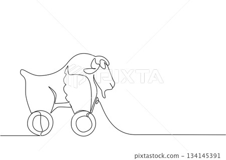 Continuous line drawing of a wooden bison toy on wheels, created in a minimalist and abstract style. This animal concept design highlights rustic creativity, childhood fun, and decorative art. 134145391
