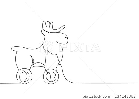 single line drawing of a wooden moose toy on wheels, crafted in a minimalist and abstract style. This animal concept emphasizes childhood creativity, decorative art, and playful imagination. 134145392